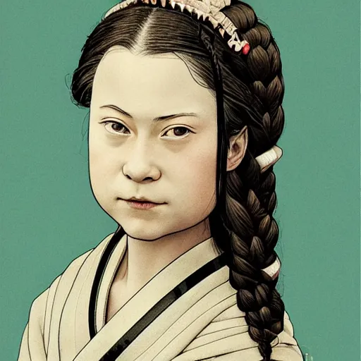 Prompt: detailed portrait of greta thunberg as a geisha, trending on artstation elite, elegant, luxury, by krenz cushart, junji ito, takato yamamoto, perfect face, fine details, realistic shaded, fine - face, pretty face