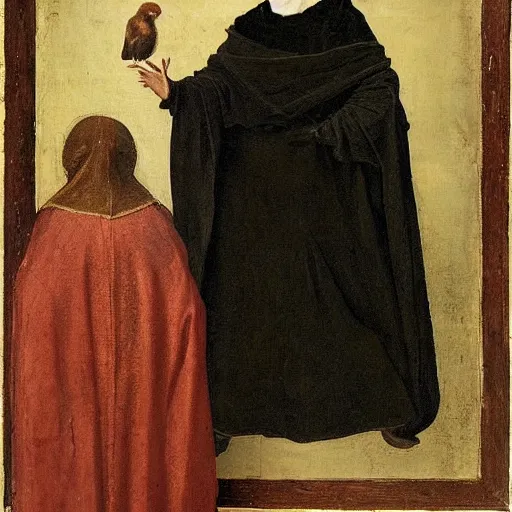 Prompt: woman in black cloak turns away from small bird, renaissance painting