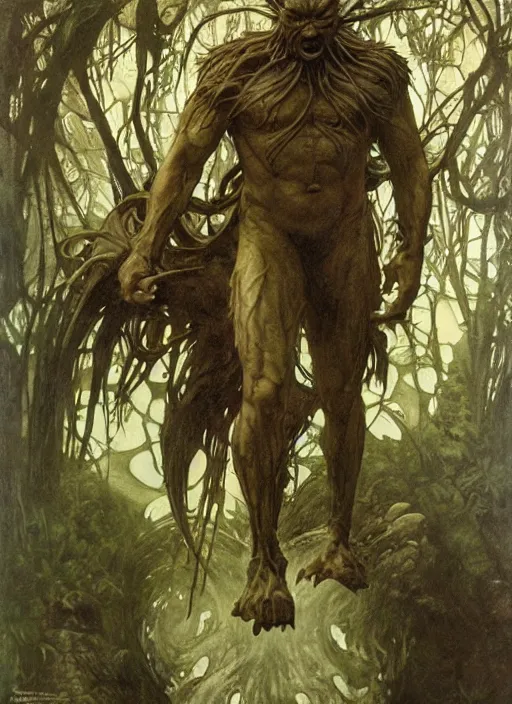 Image similar to renaissance grotesque full body portrait painting of angry swamp thing walking to the camera, camera puller back far, superior, elegant artwork by lee bermejo and greg rutkowski and alphonse mucha