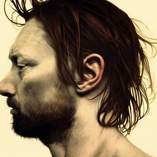 Image similar to hyper realistic portrait of smooth old thom yorke hairless, variations singer songwriter ok computer, ( side ) profile, liminal space, by lee bermejo, alphonse mucha and greg rutkowski, no beard, smooth face