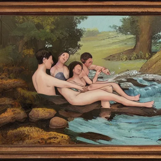 Image similar to The illustration depicts four bathers in a stream or river, with two men and two women. The bathers are shown in different positions, with one woman lying down and the other three standing. The illustration has a very naturalistic style, with trademark use of bold colors and brushstrokes. The overall effect is one of a peaceful scene, with the bathers enjoying the refreshing water. Greek by Richard Dadd, by Ludwig Mies van der Rohe frightful, playful