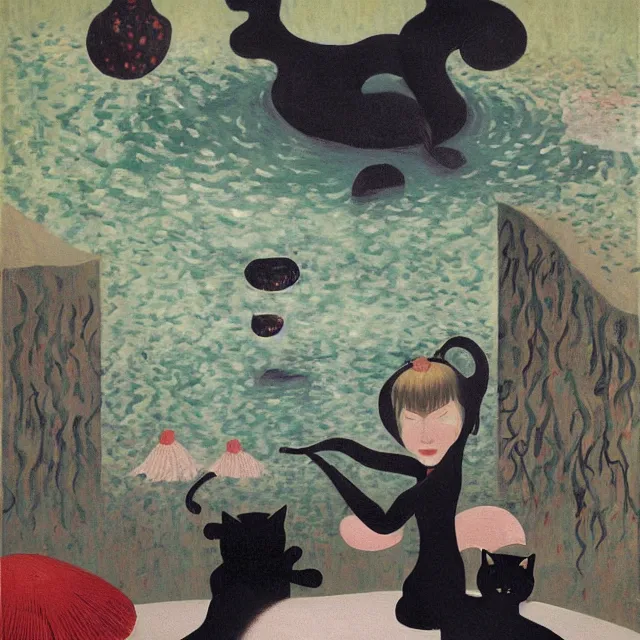 Image similar to tall female catgirl artist holding a black cat in her flooded apartment, pomegranates, octopus, water gushing from ceiling, painting of flood waters inside an artist's apartment, a river flooding indoors, mushrooms, ikebana, zen, rapids, waterfall, black swans, canoe, berries, acrylic on canvas, surrealist, by magritte and monet