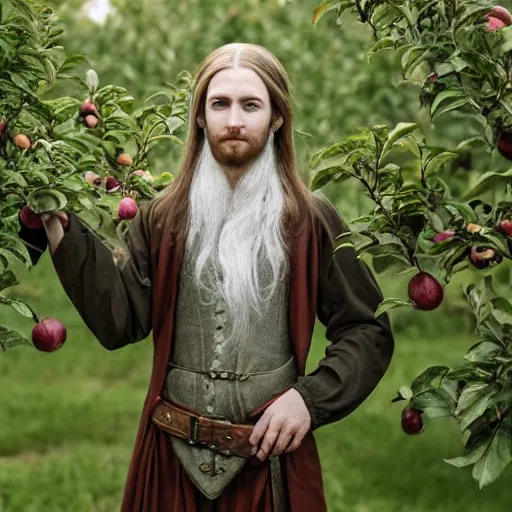 Prompt: portrait of a slender elven man, standing in an apple orchard, dressed in medieval style, very handsome, dungeons and dragons