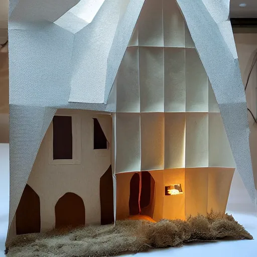 Prompt: a house made from layered paper, ambient light