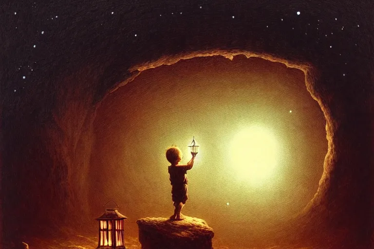 Image similar to fantasy scene of the kid holding a lantern and looking at the stars - dimensional window, in the style of beksinski, intricate and epic composition, white by caravaggio, insanely quality, highly detailed, masterpiece, white light, artstation, 4 k