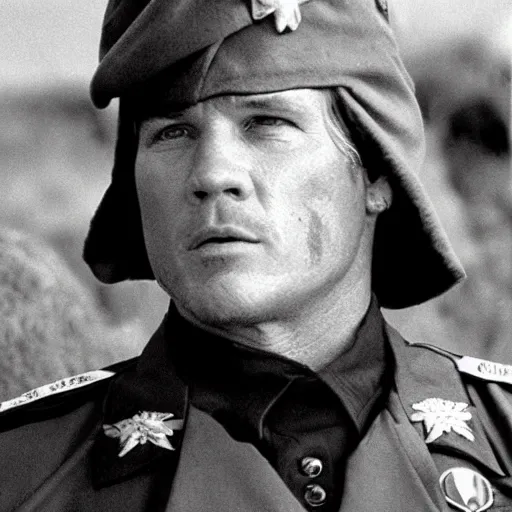 Prompt: tom berenger in a military uniform and bandana, 1 9 8 7, movie still