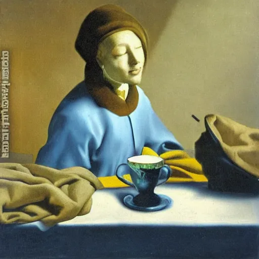 Prompt: Oil painting The Ghost of Vermeer of Delft Which Can Be Used As a Table by Salvador Dali