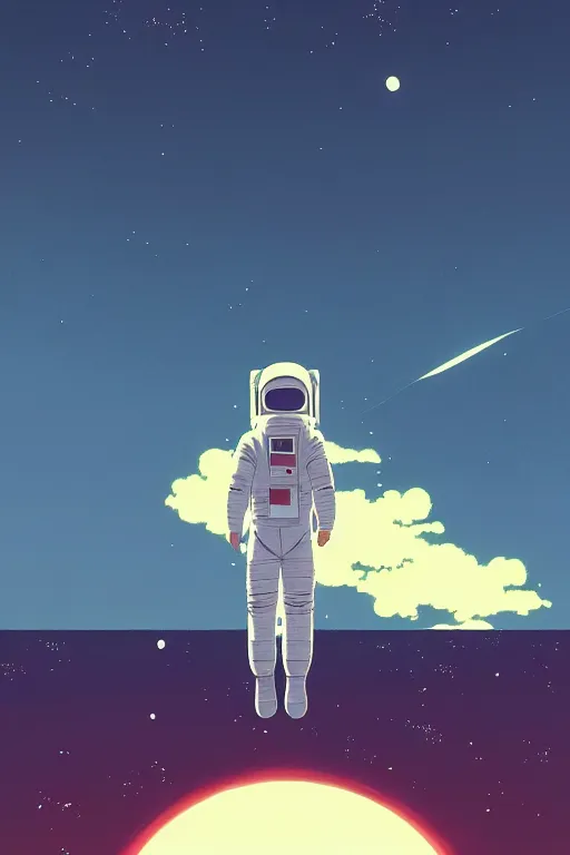 Image similar to cover of a astronaut by ilya kuvshinov, cloudy sky background lush landscape ln illustration concept art anime key visual trending pixiv by victo ngai fanbox by greg rutkowski makoto shinkai takashi takeuchi studio ghibli