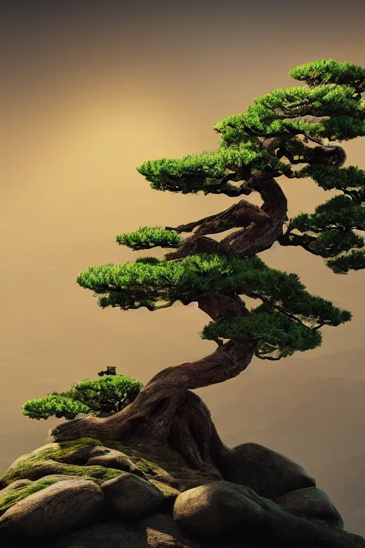 Image similar to photo of a mystical bonsai on top of a chinese mountain, unreal 5, DAZ, hyperrealistic, octane render, Regal, Refined, Detailed Digital Art, dynamic lighting, Highly Detailed, Cinematic Lighting, Unreal Engine, 8k, HD