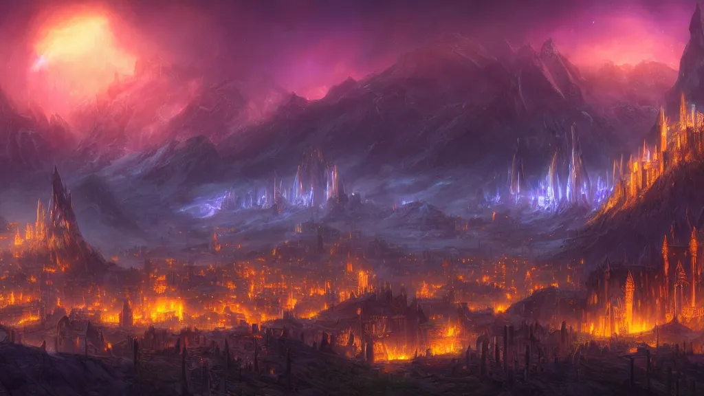 Prompt: An elvish city at night, with beautiful glowing lights reflecting off the hilltops. Beautiful stars, aurora borealis. Magical Scene. Epic Landscape and City Painting by Tyler Edlin, and Michael Whelan, and J.R.R. Tolkien. 4K HD Wallpaper Premium Prints Available.