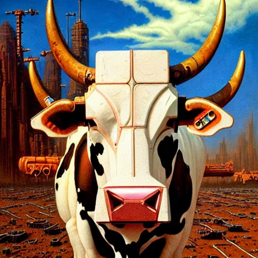 Prompt: cyborg cow with exposed circuitry, cybertronic gadgets, dirty colours, rotten textures, rusty shapes, biotechnology, bao pnan, tim hildebrandt, wayne barlow, bruce pennington, donato giancola, larry elmore, oil on canvas, denoise, masterpiece, featured on pixiv, cinematic composition, hyper - detailed