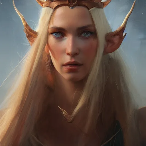 Prompt: A head-on detailed oil fantasy portrait of a pretty elf woman with small horns on her forehead, long blonde hair and bright copper irises, by greg rutkowski, trending on artstation, dungeon and dragons art