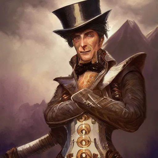 Image similar to Doran, a human warrior in a top hat, 8k resolution, full-length portrait, digital painting, fantasy illustration by Brom, D&D character art