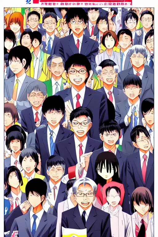 Image similar to a cover of modern manga about singapore ministers, high detail, anime cover, illustrated