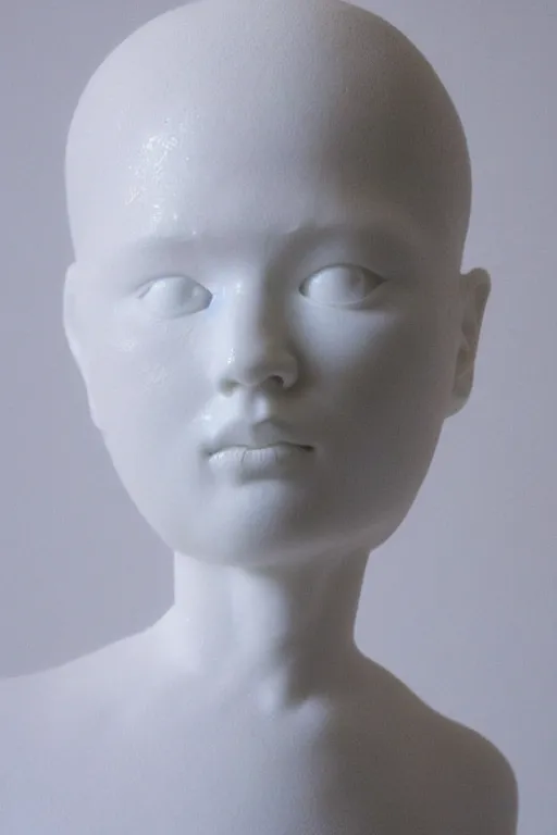 Prompt: full head and shoulders, beautiful female porcelain sculpture by daniel arsham and james jean, smooth, all white features on a white background, delicate facial features, white eyes, white lashes, detailed white 3 d different species of flowers