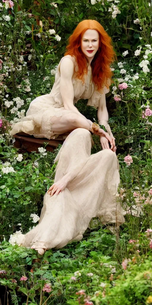 Image similar to beautiful redhead woman, nicole kidman, long hair, beautiful dress, 1930, out of focus, sitting in green garden