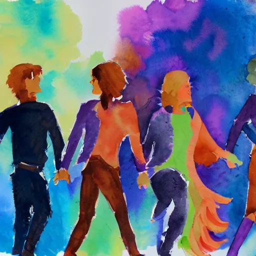 Prompt: watercolor painting of four people as an adventure party. they stand in dynamic pose as a team. visible brushstrokes. 8 k. expressive. dynamic lighting. realistic.