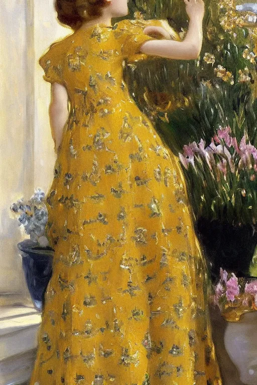 Image similar to girl waer detailed golden arabesque dress with a lot of narcissus in persian pot, painting by john singer sargent