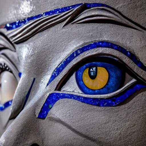 Prompt: medium - shot museum photo of ca 2 5 0 0 statue eye thick lapis lazuli beveled to hold the white limestone which forms the eye's sclera which is drilled to receive the black stone pupil, studio lighting, professional, promo,