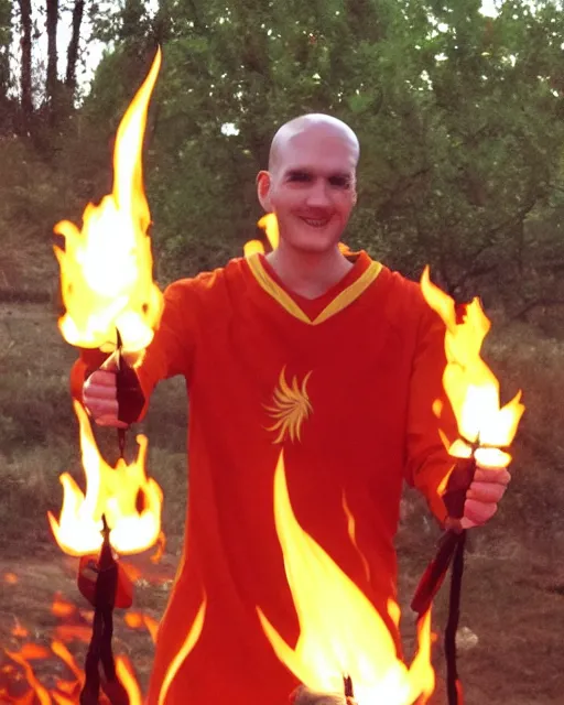 Image similar to [ [ [ [ [ [ squidward ] ] ] ] ] ] wearing fire nation clothing and practicing firebending outside at susnset