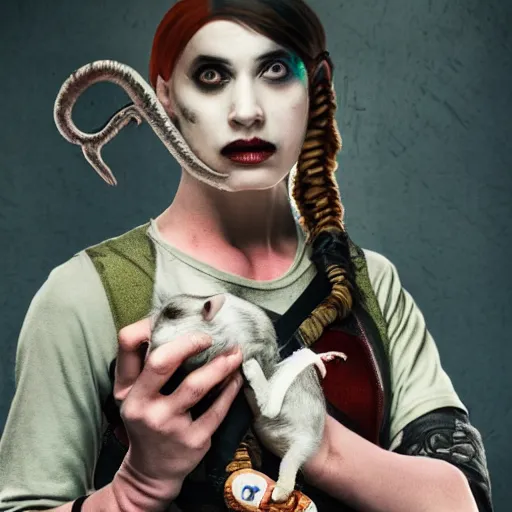 Prompt: ratcatcher 2 from the suicide squad, holding a cute rat in her hands, photo taken on a nikon, very detailed, 4k