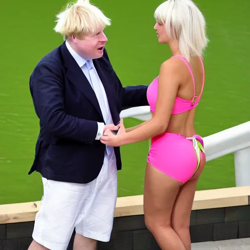 Image similar to Boris Johnson in the love island pool neon flirting with girl