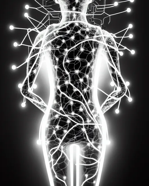 Image similar to black and white connected cyborg - plant goddess high quality photo, microchip, artificial intelligence, bio - mechanical bio - luminescence, black wired cables, neurons, nerve cells, cinematic, rim light, photo - realistic, elegant, high detail, 8 k, masterpiece, high fashion