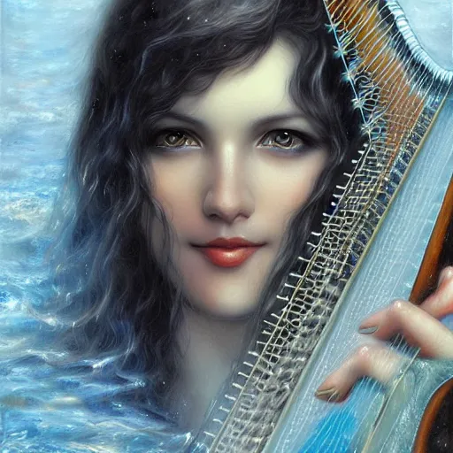 Prompt: a beautiful harp manipulating water by karol bak, ayami kojima, artgerm, river, water, blue eyes, smile, concept art, fantasy