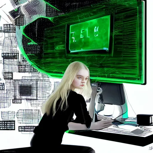 Image similar to Elle Fanning hacking a computer, dreamscape, dramatic green lighting, ink illustration
