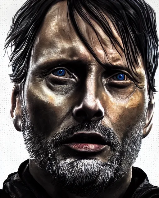 Prompt: mads mikkelson as clifford unger from death stranding, tears of tar, mysterious portrait, cinematic lighting, black background, digital painting photoshop, ultra detailed hdr 8 k