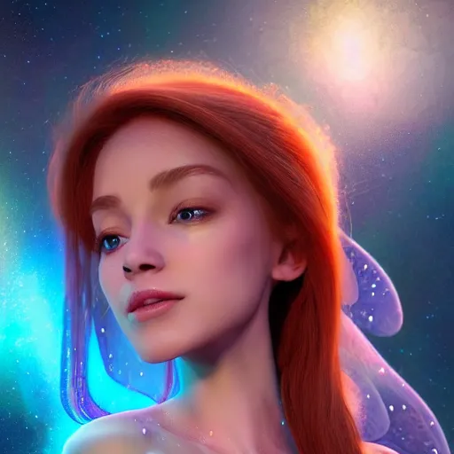 Image similar to magical fairy floating in space, epic cartoon portrait made out of rain, beautiful face, stunning concept art, highly detailed, galaxy background, rendered in octane, unreal engine, trending on artstation, realistic