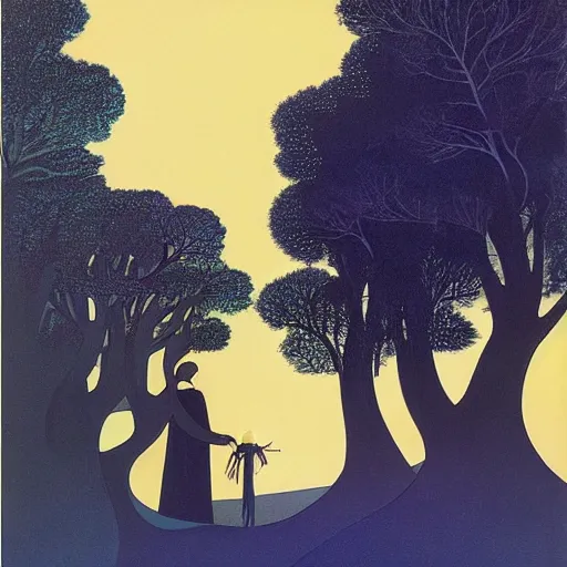 Prompt: A beautiful computer art. Heaven was a lovely, unspoiled Earth-like world; what Earth might have been like if men had treated her with compassion instead of desire. Stranger Things by Pamela Colman Smith, by Eyvind Earle, by Edward Lear