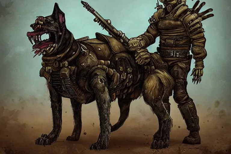 Image similar to a good ol'hound dog fursona ( from the furry fandom ), heavily armed and armored facing down armageddon in a dark and gritty version from the makers of mad max : fury road. witness me.