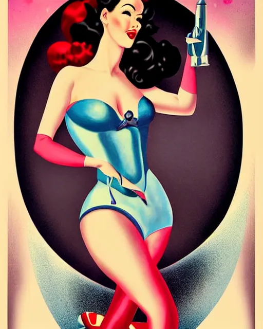 Image similar to retrofuturistic pinup model dita von teese as a varga girl posing on a space ship, in the style of anna dittmann and and alberto vargas.