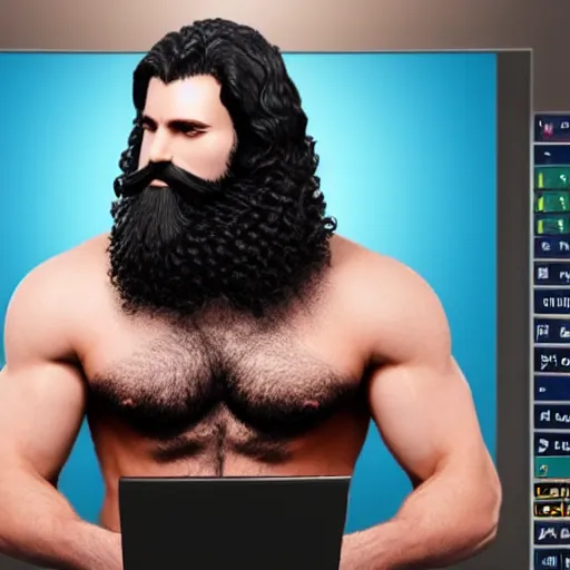 Image similar to a chad with wavy black hair and a beard. muscular. godlike. using a computer.