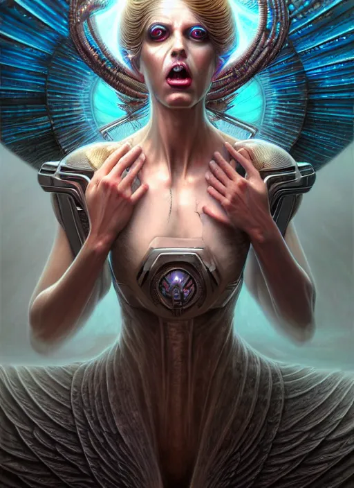 Image similar to portrait shot of screaming cybertronic angel in a scenic dystopian environment, intricate, elegant, highly detailed, centered, digital painting, artstation, concept art, smooth, sharp focus, illustration, artgerm, tomasz alen kopera, peter mohrbacher, donato giancola, joseph christian leyendecker, wlop, boris vallejo