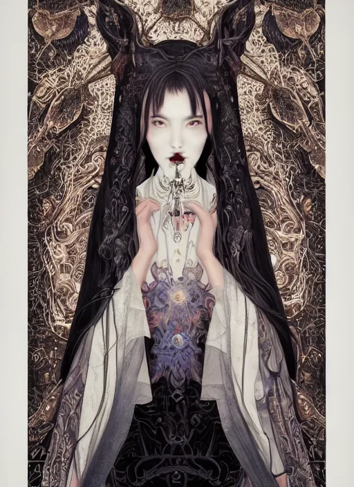 Image similar to breathtaking detailed art portrait painting of evil fantasy sorceress vampire, orthodox saint, with anxious, piercing eyes, ornate background, amalgamation of spells, by Hsiao-Ron Cheng, James jean, Miho Hirano, Hayao Miyazaki, extremely moody lighting, Black paper, cut paper texture, Full of light-blue and silver and white layers, 8K