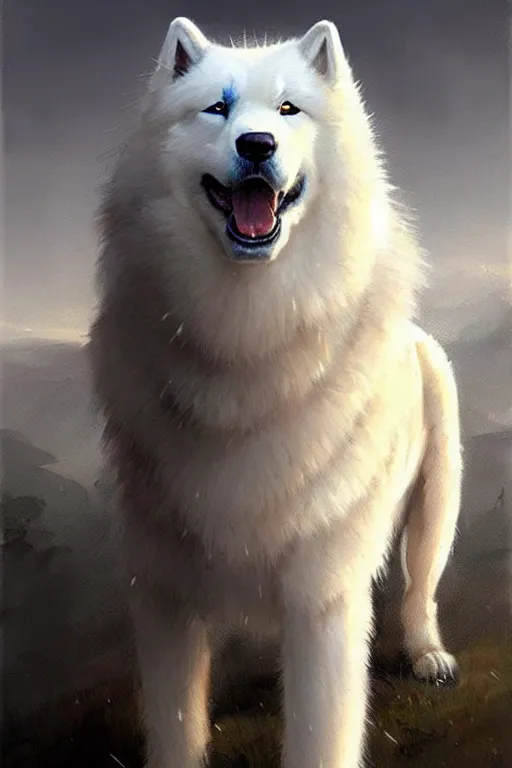 Image similar to greg rutkowski portrait of a heroic samoyed