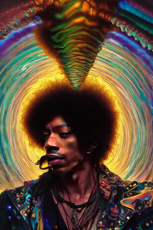 Image similar to A Weirdcore Mesmerizing 8k hyperrealistic portrait of cyberpunk Jimi Hendrix with electric neon hair strands, floating in spirals of iridescent mycelum, painted by Caravaggio, Greg rutkowski, Sachin Teng, Thomas Kindkade, Alphonse Mucha, Norman Rockwell, Tom Bagshaw