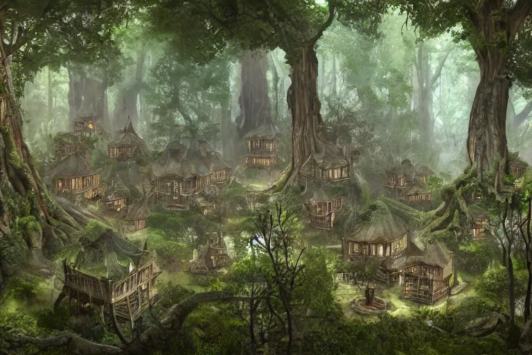 Prompt: a wood elf village suspended high in the redwood tree canopy, fantasy setting, dense vegetation, very detailed, d & d concept art, 4 k