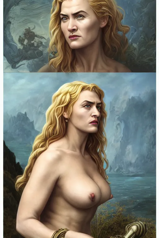 Image similar to A fantasy comic book style portrait painting of Kate Winslet, Cory Chase, hybrid, as an Atlantean Reptilian Warrior, François Boucher, Oil Painting, Mystical Valkyrie, unreal 5, DAZ, hyperrealistic, octane render, Regal, Refined, Detailed Digital Art, RPG portrait, Michael Cheval, William-Adolphe Bouguereau, Walt Disney (1937), Steampunk, dynamic lighting, Highly Detailed, Cinematic Lighting, Unreal Engine, 8k, HD