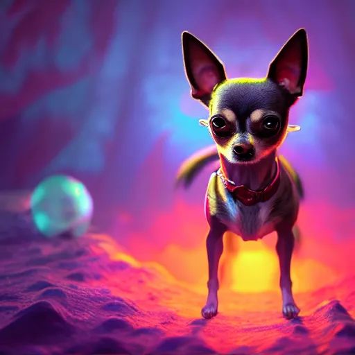 Image similar to a transcendent chihuahua living in an extradimensional reality, in the style of wlop, illustration, epic, fantasy, hyper detailed, smooth, unreal engine, sharp focus, ray tracing, physically based rendering, renderman, beautiful