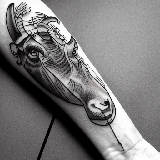 Image similar to a detailed tattoo outline of a goat !with a churro in its mouth!, 4k, illustration, sharp focus