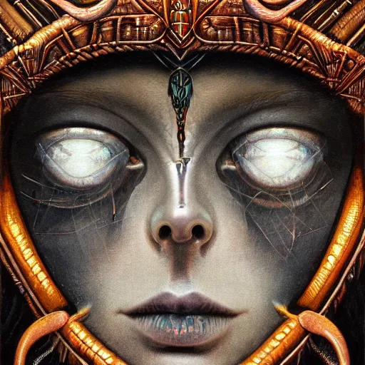 Prompt: beautiful closeup portrait of an art deco shaman, glowing eyes. reflective detailed textures, moth wings, highly detailed dark fantasy science fiction painting by tom bagshaw and michael whelan and diego rivera and annie swynnerton and jean delville, elaborate geometric ornament, ancient runes, silver and cool colors. artstation