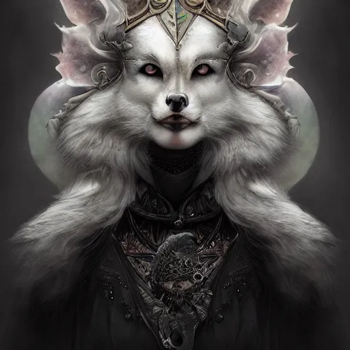 Image similar to tom bagshaw, soft painting fractal curiosities carnival, single beautiful anthropomorphic wolf queen facing camera in full nightshade gothic armor, accurate features, focus, very intricate ultrafine details, black white purple volumetric clouds, award winning masterpiece, octane render 8 k hd