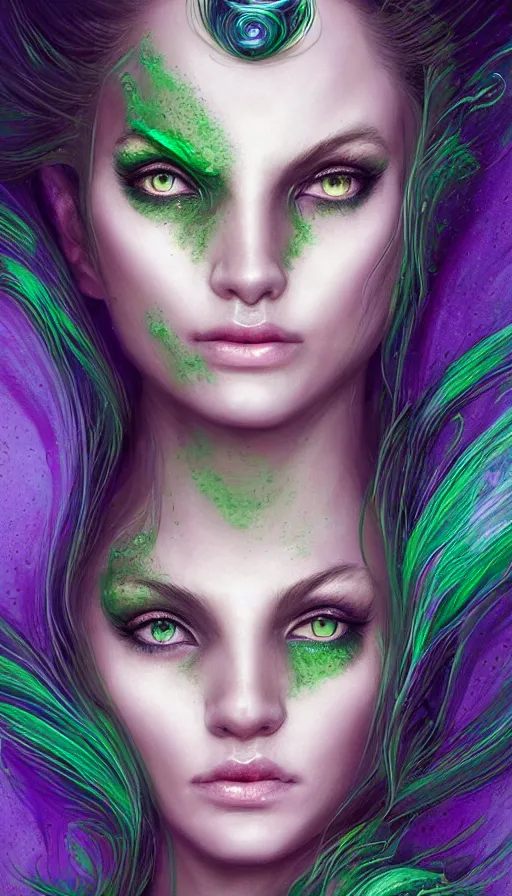 Prompt: portrait of magical green goblin female , dark fantasy, gradient green black, dreamy and ethereal, (colour) eyes, one head, golden ratio, peaceful expression, ornate frilly dress, fantasy, intricate, elegant, rainbow bubbles, highly detailed, digital painting, artstation, concept art, smooth,b sharp focus, illustration, art by artgerm and greg rutkowski and alphonse mucha