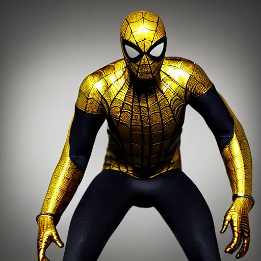 Image similar to gold spider - man suit with black web lining, cinematic, volumetric lighting, realistic, hyperdetailed, photorealistic, photograph