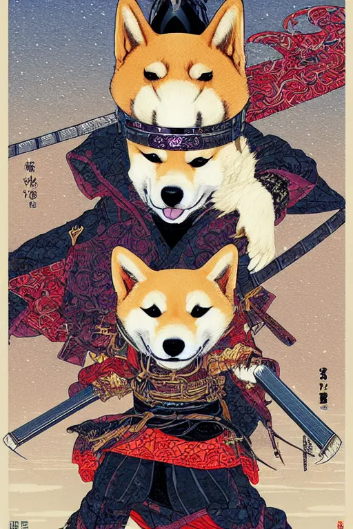 Image similar to poster of a shiba inu as a samurai, by yoichi hatakenaka, masamune shirow, josan gonzales and dan mumford, ayami kojima, takato yamamoto, barclay shaw, karol bak, yukito kishiro