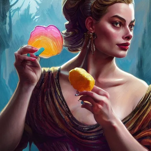 Prompt: Margot Robbie eating a lolly pop, D&D, fantasy, intricate, elegant, highly detailed, digital painting, artstation, concept art, matte, sharp focus, illustration, hearthstone, art by Artgerm and Greg Rutkowski and Alphonse Mucha