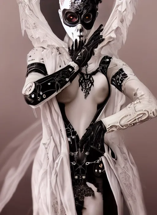 Prompt: a beautiful gothic cyborg with a porcelain mask, black leather garment with art nouveau ivory accessories, dressed in white intricate lace and jewels, ethereal, misty, cyberpunk, darksynth, luxury, concept art by zeen chin, extremely detailed, artstation, andree wallin, edvige faini, alphonse mucha, 8 k, unreal engine 5